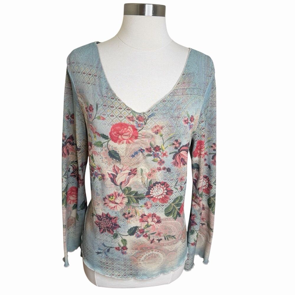 VTG High Sierra Floral Mesh Top Large Y2K Cottagecore Lettuce Edge V Neck